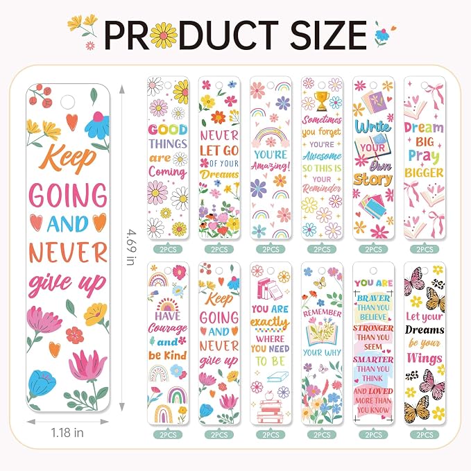AFRITEE UV DTF Bookmark Wraps - 24 Sheets Mental Health Inspirational Quotes Acrylic Bookmark Blanks Uvdtf Decals, Flowers Butterflies Transfer Sticker Bookmark Double Sided Decal Crafts Decorations