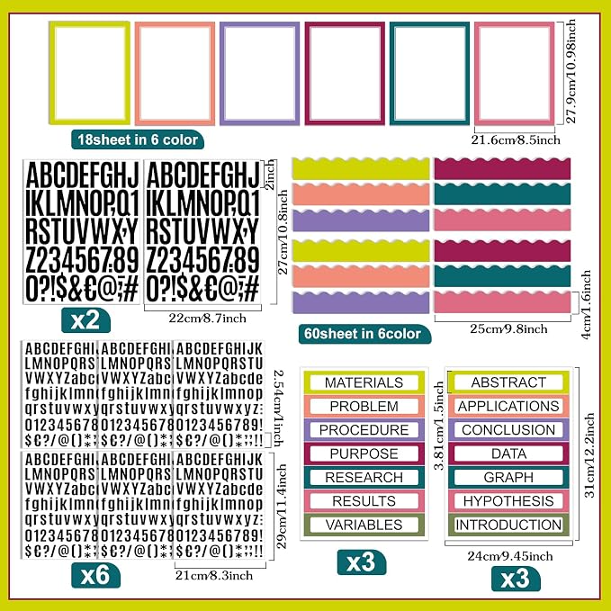 Sinload 92 Pcs Science Fair Board Supplies 60 Trim Scalloped Poster Boards 18 Presentation Subtitles 6 Project Titles 8 Letter Sticker for Classroom Display Boards(Bright Color,Wave)