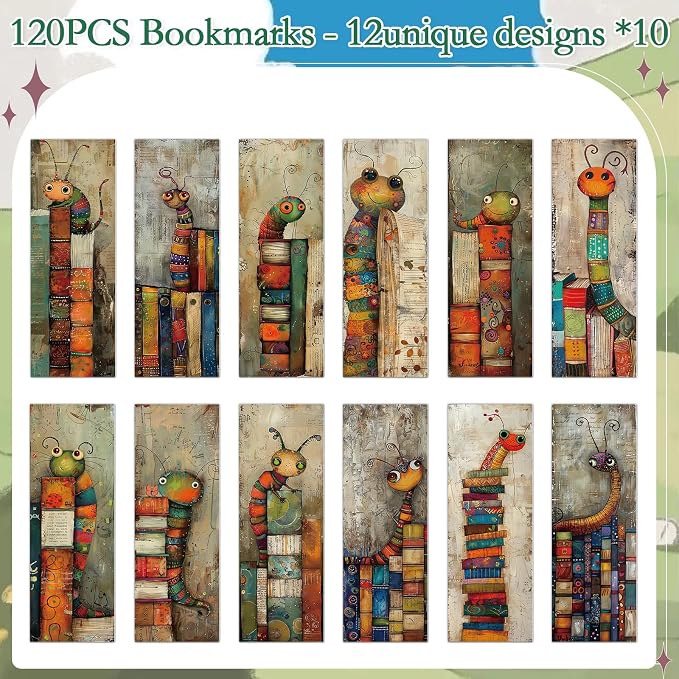 Wxiben Funny Bookworms Bookmarks Gifts - 120 Pcs Book Lover Bookmarks Paper Bookish Double-Sided Book Marks Cute Worms Page Marker Clip Gifts for Women Men Students Teacher Teens Reading Party Favor