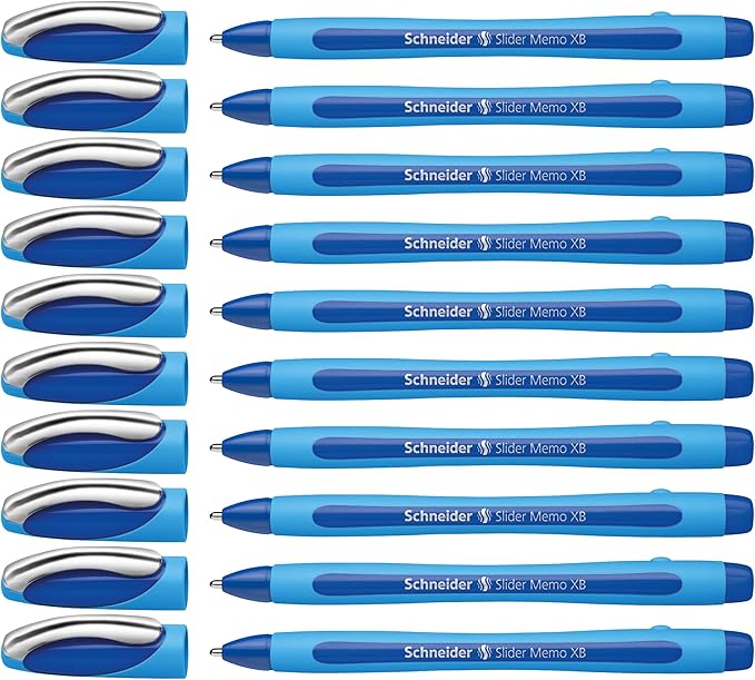 Schneider Slider Memo XB (Extra Broad) Ballpoint Pen, 1.4 mm, Light Blue Barrel, Blue Ink, Box of 10 Pens (150203)