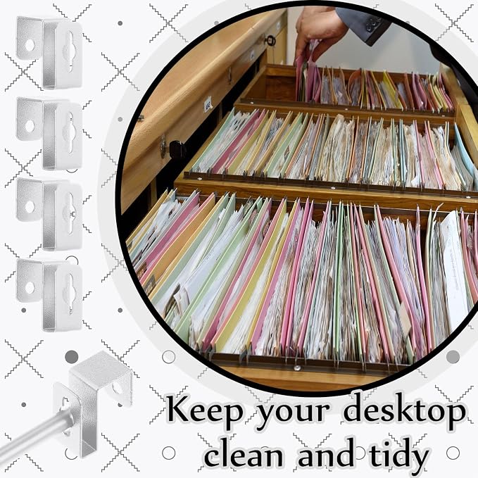 4 Set 12 Pcs Silver Metal Hanging File Bracket Clips 8 Hanging Rail Clip 4 File Cabinet Rails Fits 1/2 Drawer Side Document Folder Frame Document Hangers for Cabinets Storage