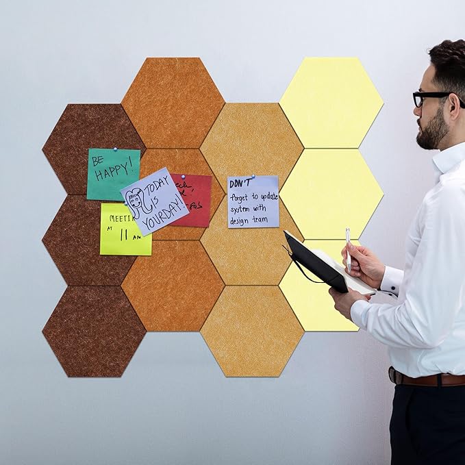 Vienrose Hexagon Felt Bulletin Board Self Adhesive Pin Board Wall Decoration Tiles with 35 Push Pins for Office Home and School, Yellow Series 12 Pack