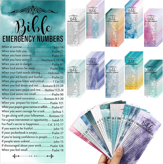 Motiskyy 100 Pcs Christian Bible Verse Emergency Numbers Bookmark Christian Church Gift 2.36 x 6'' Religious Books of The Bible Bookmark for Women Men Catholic Retreat Sunday School(Colorful)
