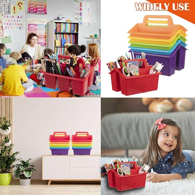 Plastic Caddy With Handle,Protable Classroom Craft Caddy, 6-pack Storage Caddy For Pencil,Pen,Craft Tools (Rainbow Color)