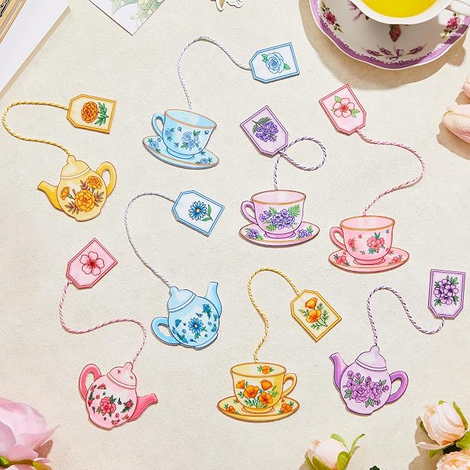 Resurhang 8 Pcs Pastels Teacup Teapot Bookmarks with Floral Design Cute Tea Bag Felt Bookmarks Gift Bulk for Mother, Tea Party Favors, Teacher, Book Lovers, Unique Gift for Women, Bookworms