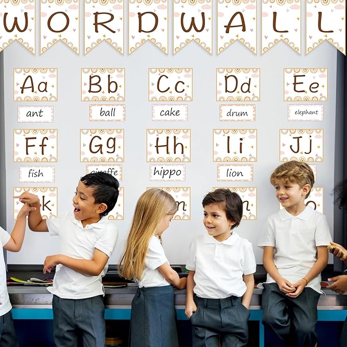 Boho Rainbow Word Wall Bulletin Board Set Alphabet Letter for Classroom ABC Poster Chart Sight Words for First Grade Pre School Kindergarten Elementary Classroom Wall Decor Supplies