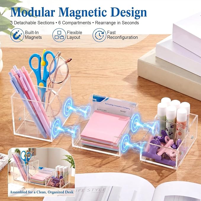 Novabright Magnetic 3-in-1 Clear Acrylic Desk Organizer, 6 Compartment Modular Pen Pencil Holder with Sticky Note Tray, Stationery Caddy & Desktop Storage Organizer for Office Home