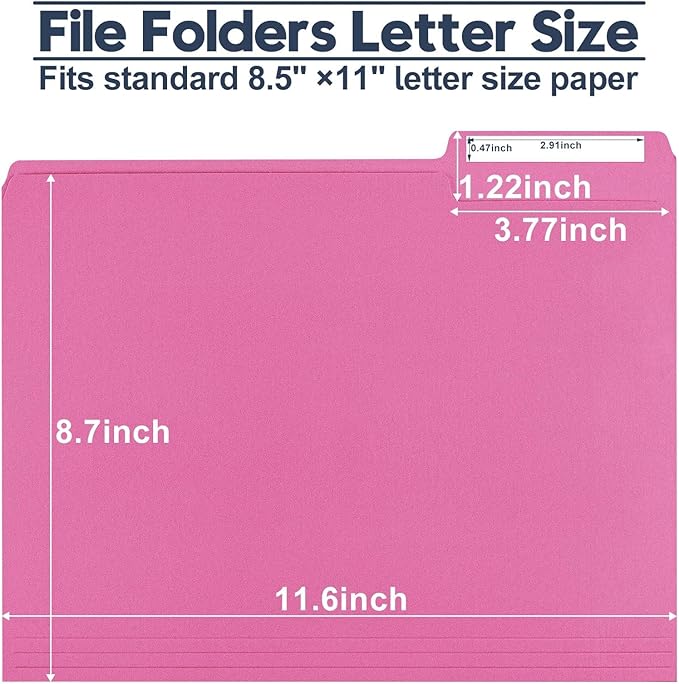 File Folders,150 Pack Letter Size Colored File Folders,8.5" x 11",1/3 Cut Tab Folder,Bulk Durable Paper Folders with Blank Labels for Office Business School Home Use,Bright Pink