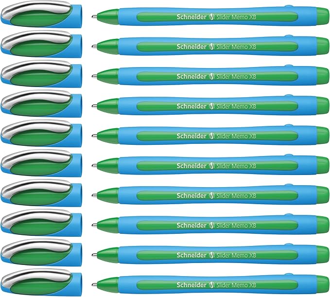 Schneider Slider Memo XB (Extra Broad) Ballpoint Pen, 1.4 mm, Light Blue Barrel, Green Ink, Box of 10 Pens (150204)
