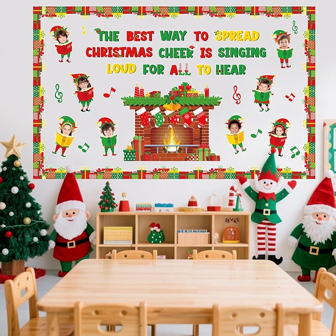 Funrous 60 Pcs Christmas Elf Bulletin Board Set DIY Photo Elf Fireplace Paper Cutouts with Photo Space for Xmas Winter Holiday Party School Classroom Wall Decorations