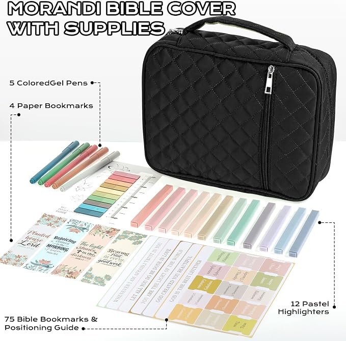 XKDOUS Quilted Bible Cover Case with Bible Study Accessories Kit, Waterproof Large Capacity Bible Bag for Women, Portable for Church Study, Multiple Morandi Color Options (Black)
