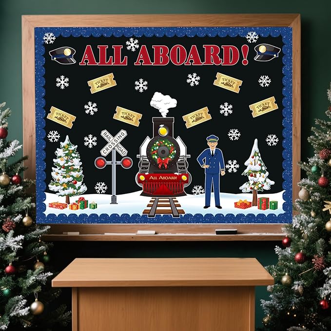 Christmas Bulletin Board Set Christmas Express Train Classroom Decorations Railroad Railway Crossing Tickets Conductor Paper Cutouts for Wall Door Decor for Office Home Xmas Display Supplies