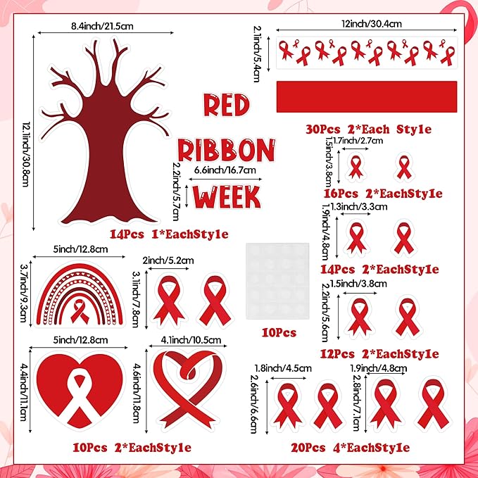 126Pcs Red Ribbon Drugs Awareness Bulletin Board Classroom Decoration Set, Red Ribbon Week Cutouts Say No to Drugs Poster School Classroom Charity Event Party Supplies Chalkboard Wall Decor