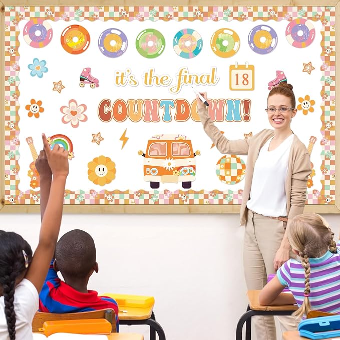 gisgfim Countdown to Summer Classroom Bulletin Board Decorations Set Groovy Hippie End of The Year Cutouts May It's The Final Retro Bulletin Board for Classroom Home Wall Decor Supplies