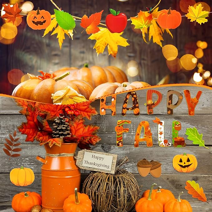 Marspark 68 Pieces Thanksgiving Classroom Decoration Fall Bulletin Border Decoration Pumpkin Maple Leaves Turkey Paper Cutouts Thanksgiving Wall Decor for Autumn Harvest Party School Home Windows