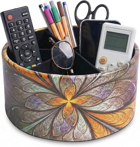 lizimandu Remote Control Holder, 360°Spinning PU Leather Desk TV Remote Caddy,Desk Storage Box Room Accessories for Controller, Media,Mail,Calculator, Mobile Phone,Pencil(1B-Orange Flower)