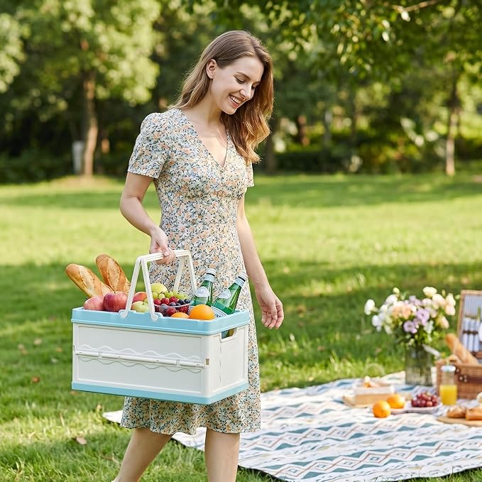 BEANGEL Collapsible Storage Crate with Lid and Handle, Foldable Plastic Bin, 7 Gallon, 16.5x11x9 in, for Home, Kitchen, Pantry, and Picnic