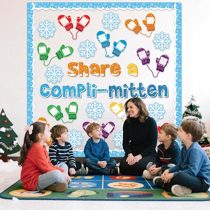 Funrous 45 Pcs Winter Bulletin Board Set Share a Compli-Mitten Interactive Classroom Decor Winter Gloves Snowflake Cutouts Christmas Bulletin Board for Holiday Party School Classroom Home Wall Decor