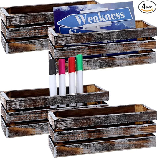 Tatuo 4 Pack Magnetic Whiteboard Marker Holder Burnt Wood Dry Erase Marker Holder for Whiteboard, Desktop Office Supplies Organizer Crates(Brown)