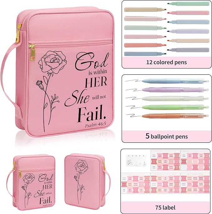 Bible Cover for Women, Bible Holder, Bible Study Supplies Accessories Bible Cover Carrier Carrying Organizer Bag, Zipper and Pockets for Standard Size Bible, Gift for Women（pinksuit）