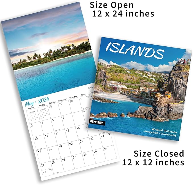 2026 Wall Calendar Islands, 14 Months Hangable Wall Calendars, 12" x 24" (Open), Thick Glossy Paper, Organizing & Planning