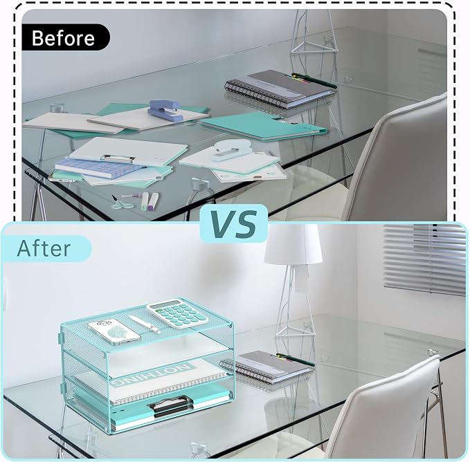 DALTACK 3 Tier Letter Tray Paper Organizer for Desk, Mesh Metal Desk File Organizer with Sliding Trays for Letter/A4 Paper, Mail, Bills & Folders, Blue