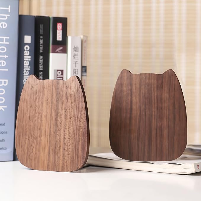 Cute Kitten-Shaped Book Ends for Shelves, Detachable Design Bookends for Heavy Books, with Anti-Slip Foam Pads, an Ideal Gift for Book Fans (Pack of 2,Beech Wood Kitten)