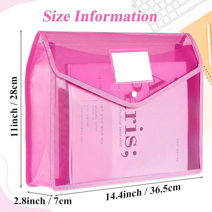 Epakh 10 Pieces Plastic File Folders Envelope Expanding File Wallet Organizer Documents Folder with Snap Closure and Pocket B4 Waterproof Transparent Pouch for School Office (Pink,Horizontal)