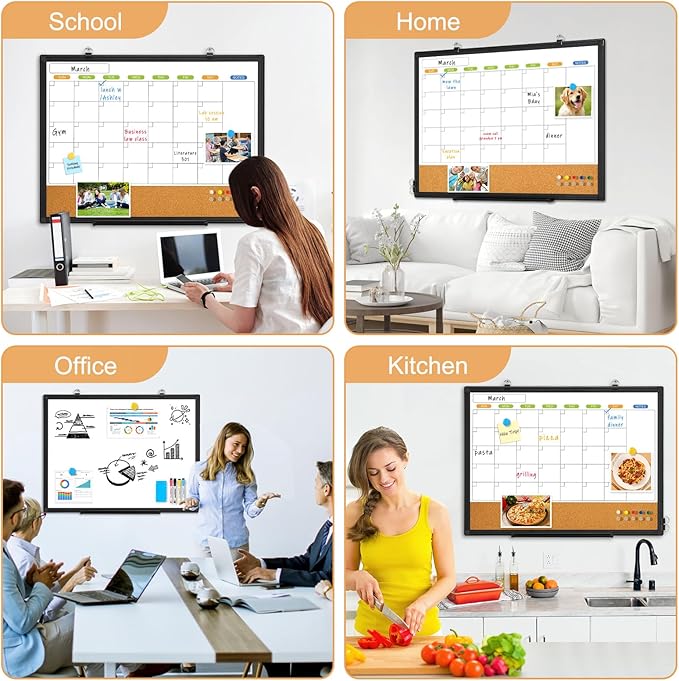 Dry Erase Calendar Whiteboard for Wall, WALGLASS 36" x 24" Double-Sided Monthly Calendar White Board Cork Combo, Black Aluminum Frame Hanging Wall Mounted Bulletin Corkboards for Home, Office, School