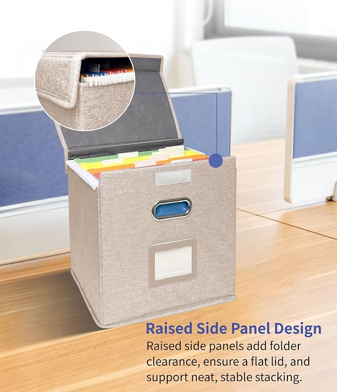 4 Pack Hanging File Folder Box with Lid, Durable Letter Size Filing Storage Box, Sturdy File Holder with Cardboard Support PVC Rails for Office Home Organizer, Beige