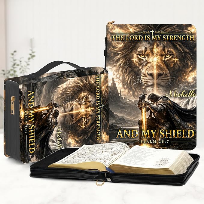 Personalized Man of God Bible Cover for Men, Christian PU Leather Bible Case with Handle Zipper, God Says I Am Warrior Scripture Bible Holder, Religious Gift for Men (The Lord id My Strength)