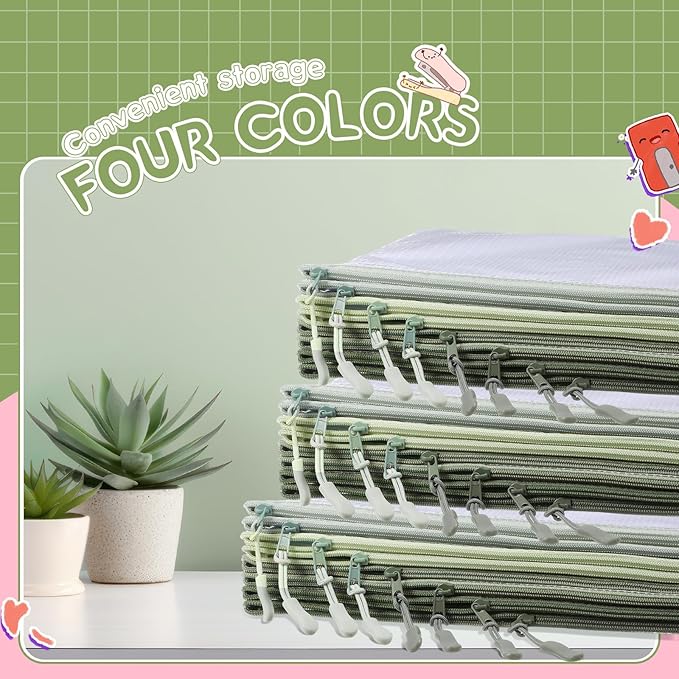 AmazingSpark 36 Pack Sage Green Mesh Zipper Pouch Bags, Green Office Supplies A4 Size Waterproof Zipper Bags with Gradient for Classroom Organization, Board Game Storage, Document Bag School