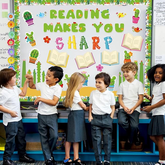 gisgfim Cactus Reading Bulletin Board Decorations Set Spring Classroom Cactus Bulletin Board Border Cutout Reading Makes You Sharp Bulletin Board Craft School Home Wall Decor Back to School Supplies