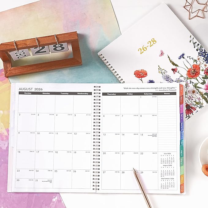 2026-2028 Monthly Planner- 3 Year Planner 2026-2028, Jan. 2026 - Dec. 2028, 3 Year Calendar 2026-2027-2028 monthly planner, 9" x 11", 36 Month Calendar with Colourful Tabs + Back Pocket - Flowers
