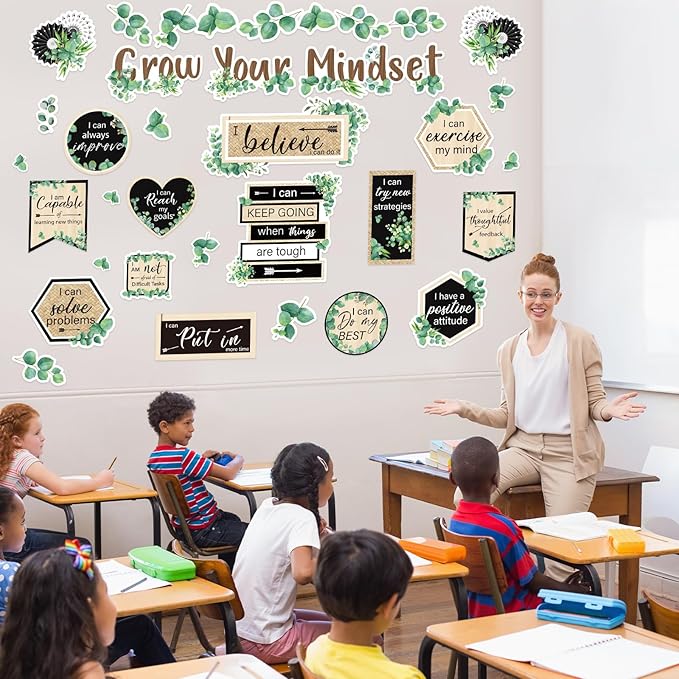 FYSUIMU 42Pcs Grow Your Mindset Bulletin Board Set Eucalyptus Leaves Greenery Paper Cutouts with 100Pcs Glue Points for Back to School Party Classroom Craft Wall Decor
