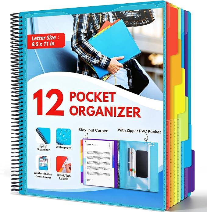 12 Pocket Poly Project Organizer for School & Office, Expandable File Folder with Dividers, Durable Accordion Folder for Documents, Homework, Bills Organization (Blue)