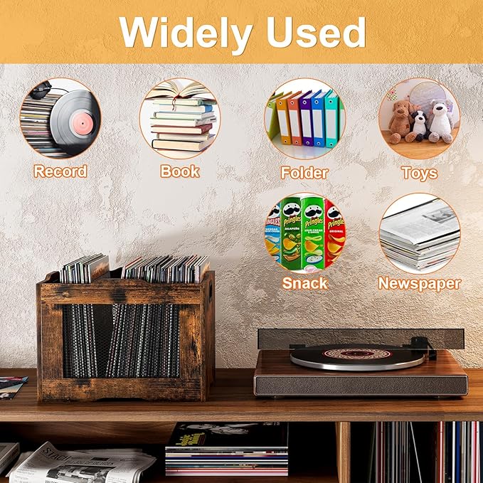 Pack of 2 Vinyl Record Storage Crate, Stackable LP Display Shelf, Heavy Duty Wood Organizer Box for Collectors/Store/Home/Office/School/Artistic Space/Garage/Warehouse, Brown