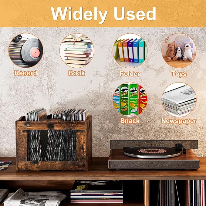 Vinyl Record Storage Crate, Stackable LP Record Display Shelf, Heavy Duty Wood Organizer Box for Records Collector/Store/Home/Office/School/Artistic Space/Garage/Warehouse, Brown
