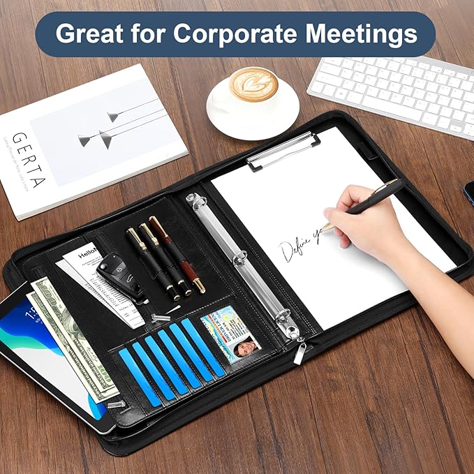 Padfolio Portfolio Organizer Binder with Zipper and Hidden Handle, PU Leather Portfolio Folder for Documents, Business Card Holder, Notepad Padfolio for Men&Women (Black)