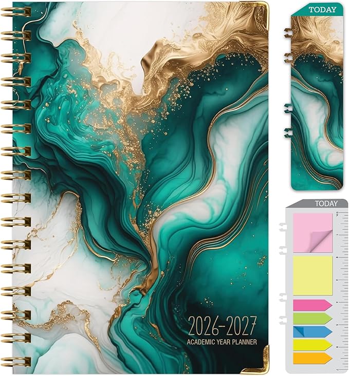 HARDCOVER Academic Year 2026-2027 Planner: 14 Months (May 2026 Through June 2027) 5.5"x 8" Daily Weekly Monthly Planner Yearly Agenda. Bookmark, Pocket Folder and Sticky Note Set (Teal Gold Marble)