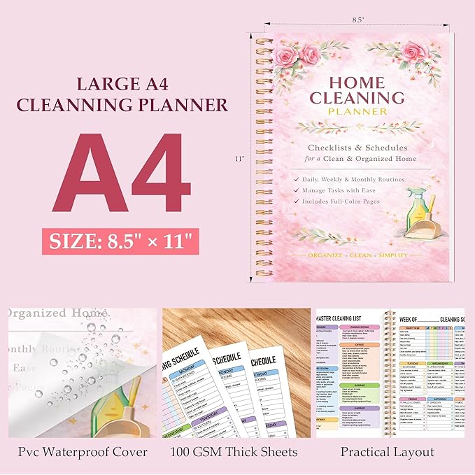 Home Cleaning Planner & Checklist Book for Women Adults – Daily, Weekly & Monthly Cleaning Schedule and Checklist, Housekeeping Organizer with Cleaning Lists, Spiral Bound Cleaning Book Planner