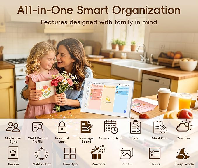 Digital Calendar, 15.6-inch Smart WiFi Electronic Calendar Wall Planner & Chore Chart, Interactive Touch Screen HD Display for Family Schedules, Meal Plan, Photo Display, Desktop & Wall Mountable
