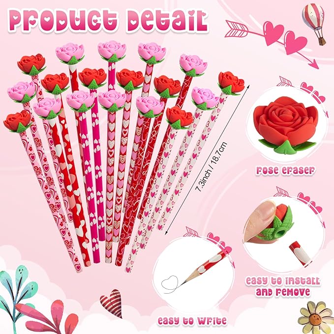 Gersoniel 36 Pcs Valentines Pencils 18 Valentines Day Pencil 18 Giant Rose Eraser Stationary Set for Valentine kid Classroom Reward Students gift Party Favors Goodie Stuffer School Teacher (Valentine)