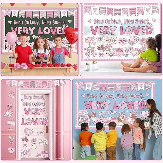 Valentine's Day Bulletin Board Decorations Set Very Cutesy Very Loved Pastel Pink Classroom Decoration Valentines Bows Candy Love Heart Cutouts for School Home Chalkboard Wall Decor Party Supplies