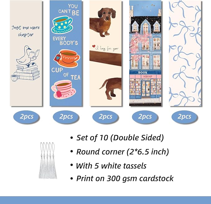 10 Pcs Cute Bookmarks for Women, Double Sided Book Marks for Reading Women, Funny Paper Book Markers Set, Pretty Gifts for Book Lovers, Club, Adults, Girls (Blue)
