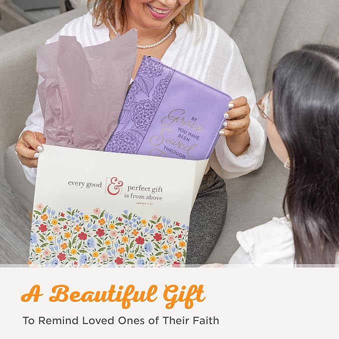 Christian Art Gifts Faux Leather Fashion Bible Cover for Women: By Grace You Have Been Saved - Ephesians 2:8 Inspirational Bible Verse, Hydrangea Lavender-Purple, Medium