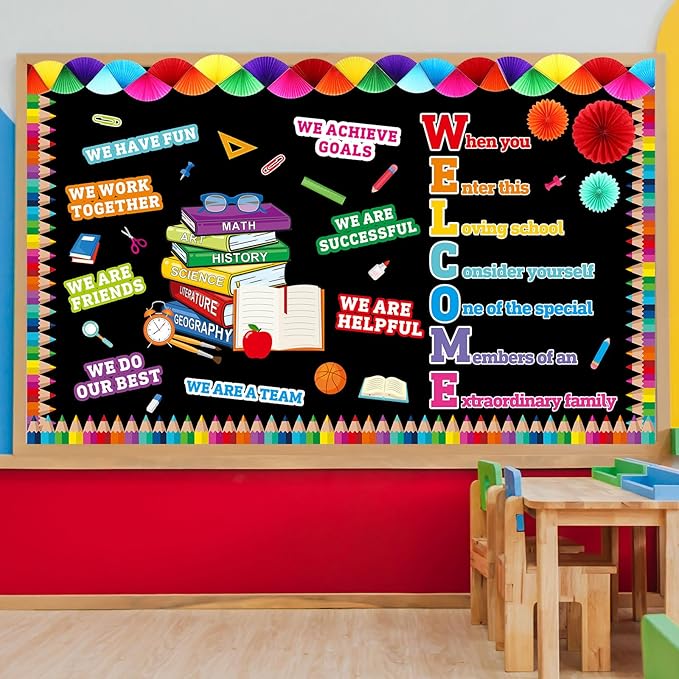 Pajean Welcome Bulletin Board Set Classroom Affirmation Station Bulletin Board Motivational Cutouts Colorful Paper Fans Pencil Border Trims for Back to School Chalkboard Wall Decor (Colorful)