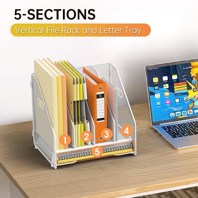 Docnest Desk File Holder Sorter, 4 Vertical Compartments Rack with Letter Tray, Mesh Magazine File Holder with Handle,Workspace Organizers,Desk Organizers for Paper, Mail, Documents-White