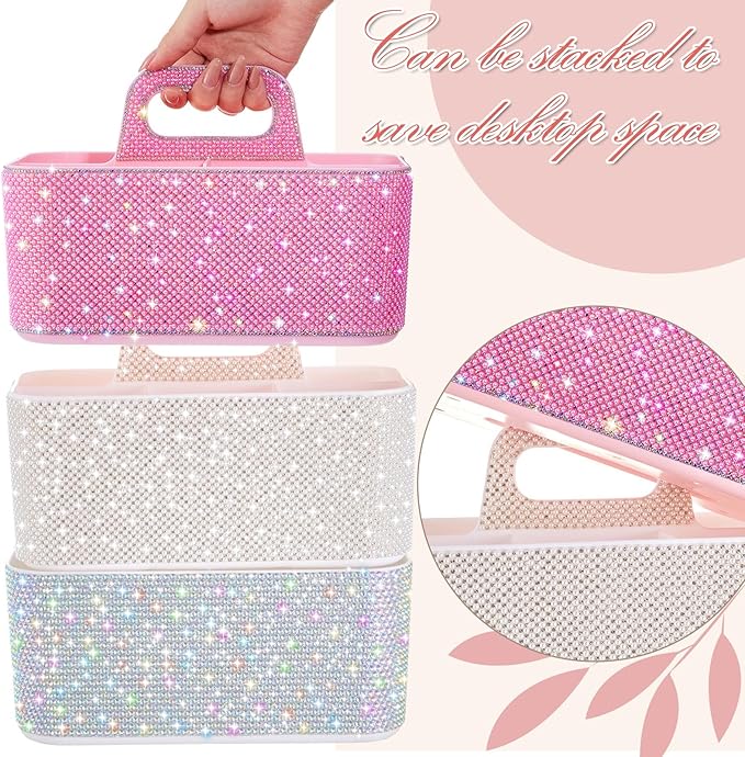 Marspark Bling Makeup Caddy Organizer with Handle, Sparkly Art Craft Holder, Glitter Bathroom Hair Caddy, Shimmer Pen Pencil Holder for Women Desk Organizer, Bling Gifts for Women(Pink,Pearl Diamond)