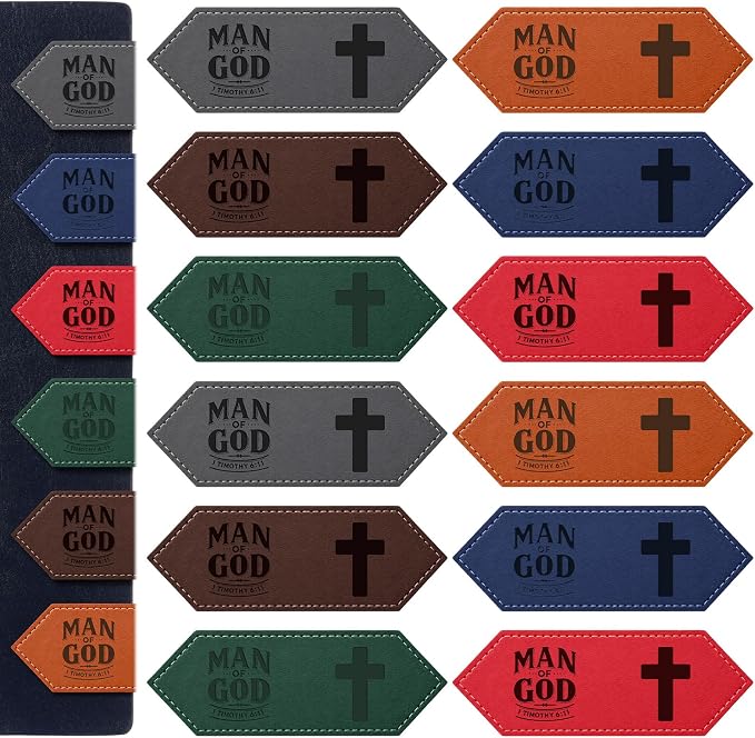 AmazingSpark 12 Pcs Man of God Cross Gift Bulk for Father's Day Christian Leather Magnetic Bookmarks Religious Gift for Men Dad Church Pastors Missionary Husband (Classic)